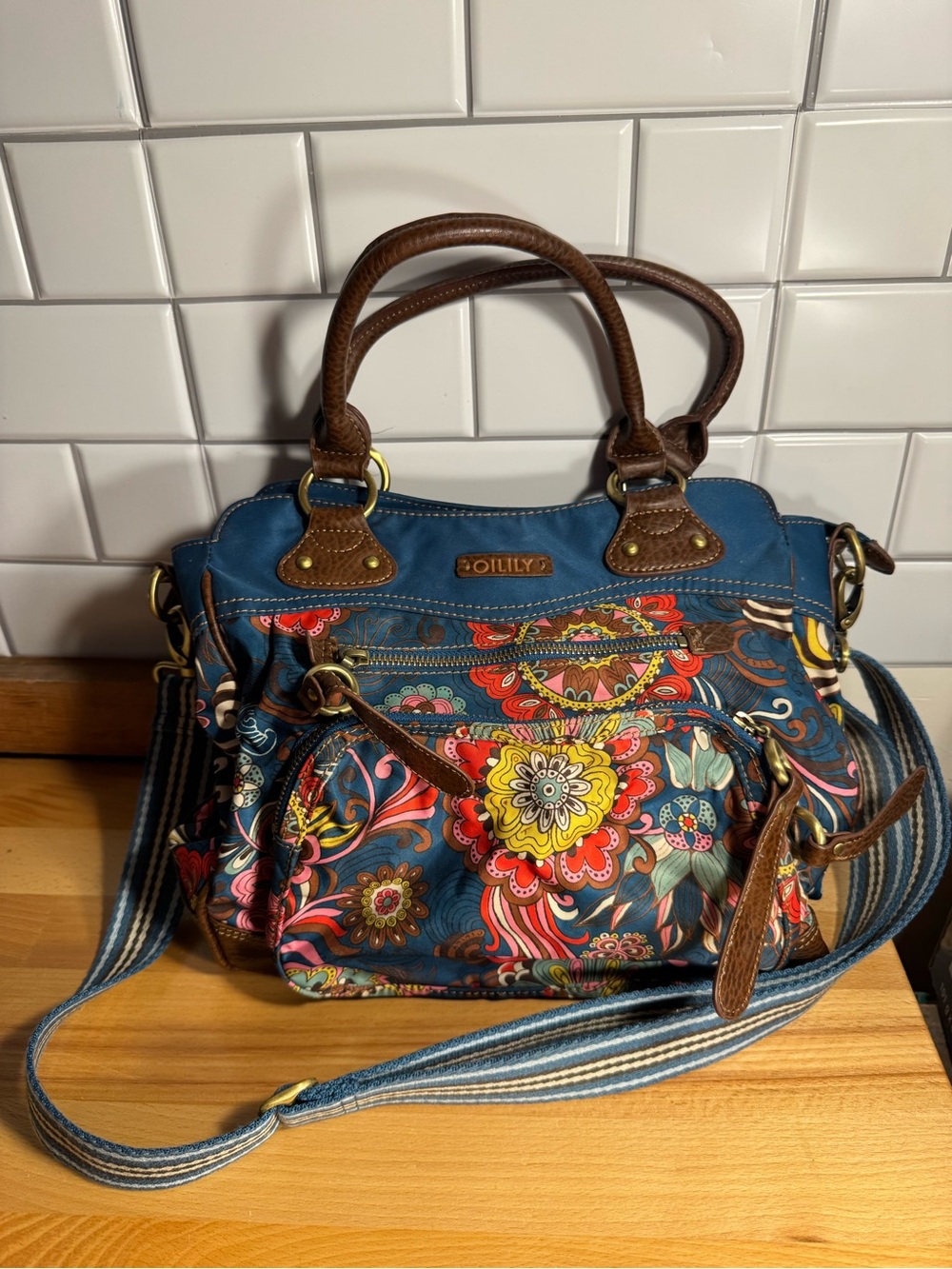 Oilily Teal Floral Crossbody with Brown Leather Trim